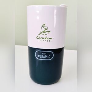 Caribou Coffee 2020 11 oz Teal/White CeramicTravel Mug (Never Used)